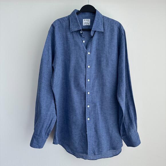 Thomas Pink Shirt Mens 17 1/2 Blue Linen Dress Button Up Long Sleeve 44 1/2 - Picture 1 of 10